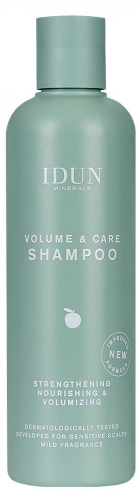 Eine grüne Shampoo-Flasche mit 'IDUN Minerals' für Volumen und Pflege, stärkend, nährend und geeignet für empfindliche Kopfhaut.