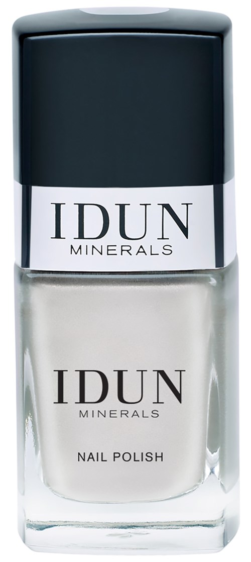En klar glasflaska med nagellack med svart lock, märkt 'IDUN Minerals' och 'Nail Polish.'
