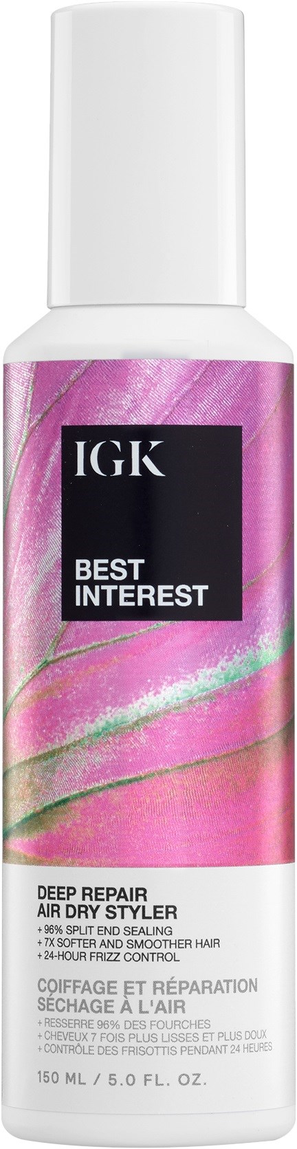 En rosa og hvit hårsprayflaske merket IGK Best Interest Deep Repair Air Dry Styler.