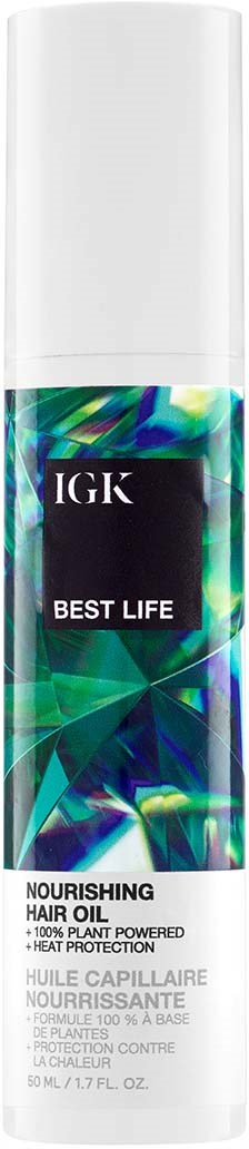 Een lange, witte fles met haarolie met kleurrijke, abstracte labels, zegt 'Best Life Nourishing Hair Oil.'