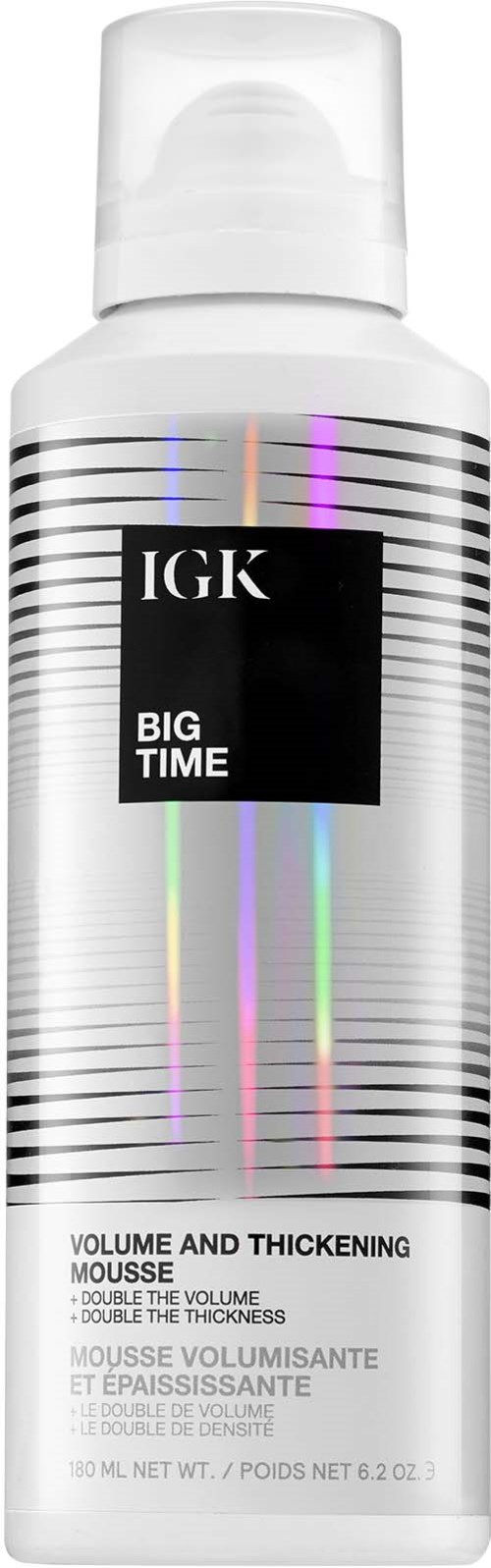 Eine weiße Flasche mit IGK Big Time Volumen- und Verdickungsmousse mit bunten holografischen Linien.