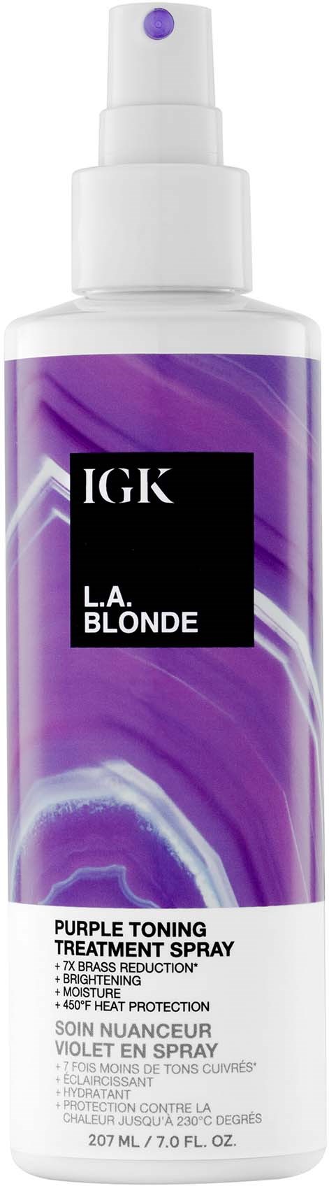 En hvit sprayflaske med lilla og hvite mønstre, merket IGK L.A. Blonde Purple Toning Treatment Spray.