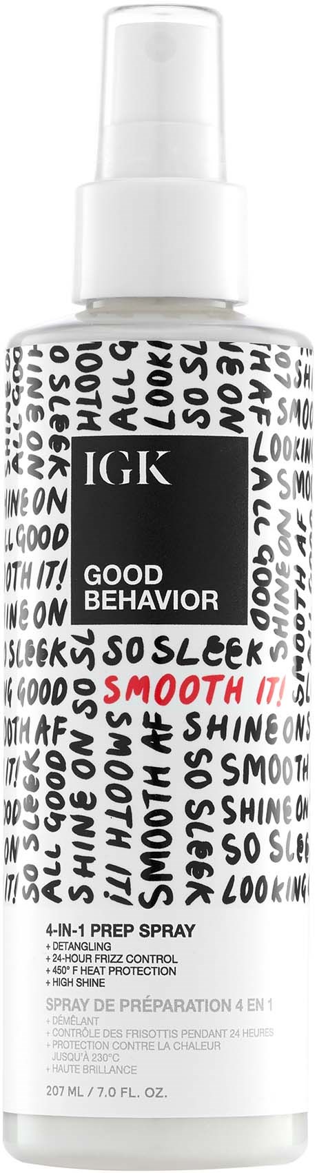 Eine weiße Sprühflasche mit der Aufschrift 'IGK Good Behavior' in Schwarz und Rot, mit Graffiti-Design.