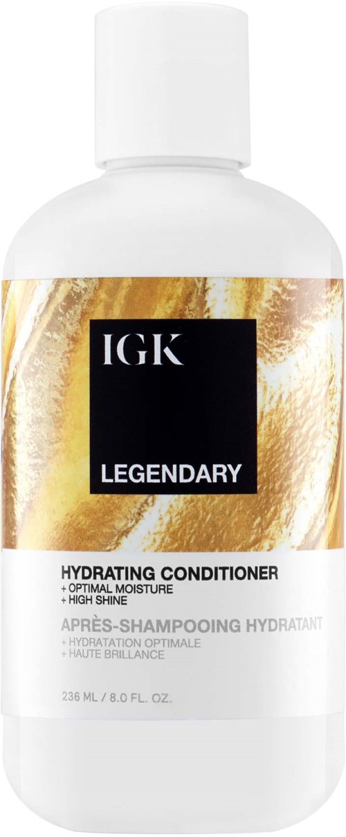 Eine weiße Flasche mit 'IGK LEGENDARY Hydrating Conditioner' auf einem gold-schwarzen Design, 236 ml.
