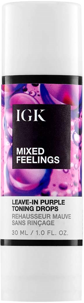 Eine weiße Flasche mit lila und rosa Etikett für IGK Mixed Feelings Leave-In Tonerdrops, 30 ml.