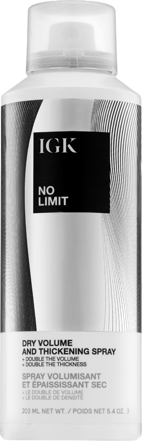 En hvit sprayboks med svart og sølv farget tekst som heter IGK No Limit tør volum spray.