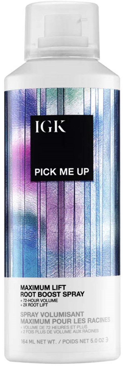 A white spray bottle labeled 'IGK Pick Me Up' with colorful, striped design on the label.