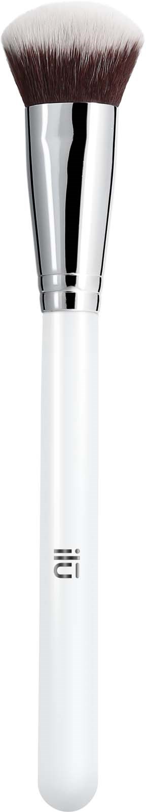 A white makeup brush with a silver handle and soft, fluffy bristles on a black background.