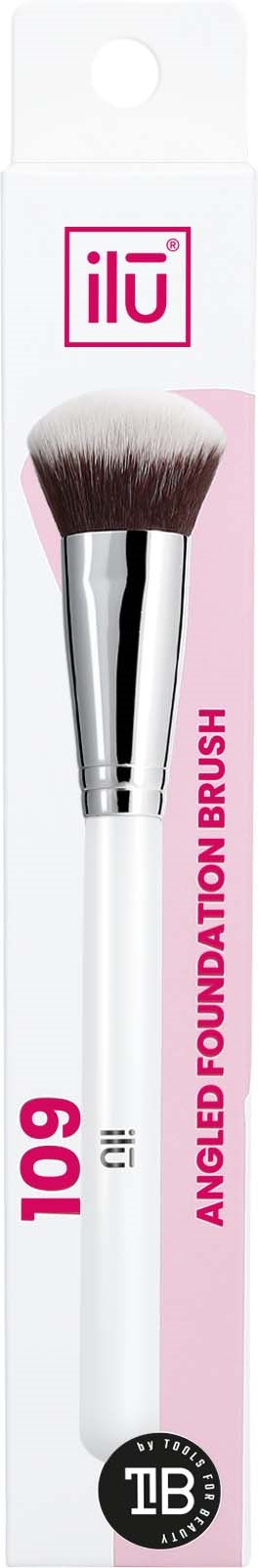 A white makeup brush with black and pink bristles, in packaging labeled 'iLi', '109', and 'Angle Foundation Brush'.