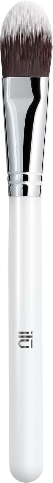 A white makeup brush with a shiny silver band, black handle, and soft bristles.