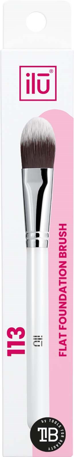 A flat foundation brush with white handle and pink label from ILU. The packaging shows the brush number 113.