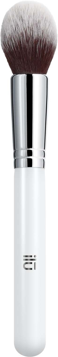 A makeup brush with white handle, silver band, and fluffy bristles. It is isolated on a black background.