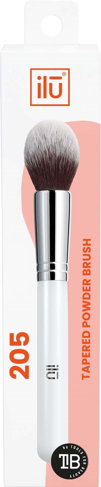A makeup brush with white and gray bristles, packaging shows the brand, number 205, and description of tapered powder brush.