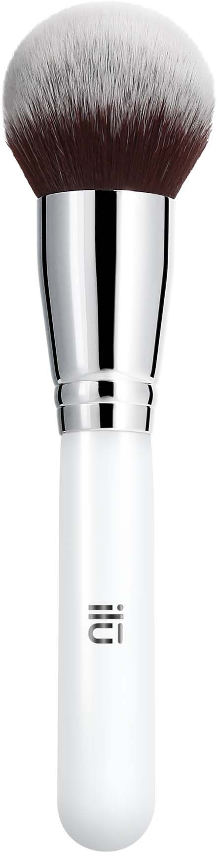 A makeup brush with a white handle and fluffy bristles, designed for applying powder or blush.