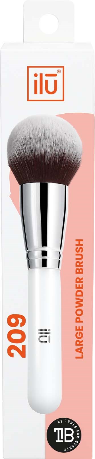 A large makeup brush in packaging, white handle with black and white bristles, labeled as 'large powder brush.'