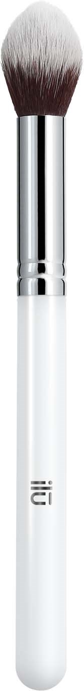 A white makeup brush with a black background and silver handle.