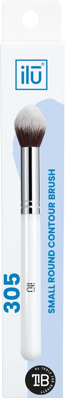 A small makeup brush with a white handle and dense bristles in a blue and white packaging label.