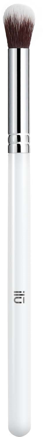 A makeup brush with a white handle, silver ferrule, and soft brown bristles.