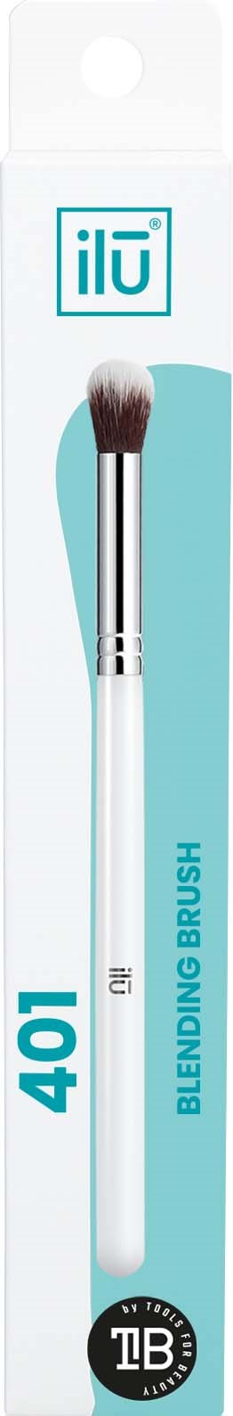 A makeup brush in a white and light blue package with branding and product details.