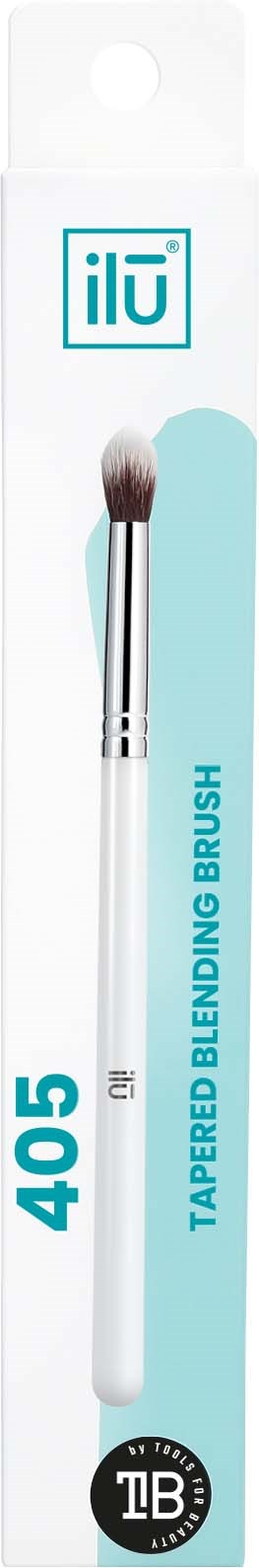 A makeup brush in white handle with dark bristles, labeled 'ILU', size 405, tapered blending brush.