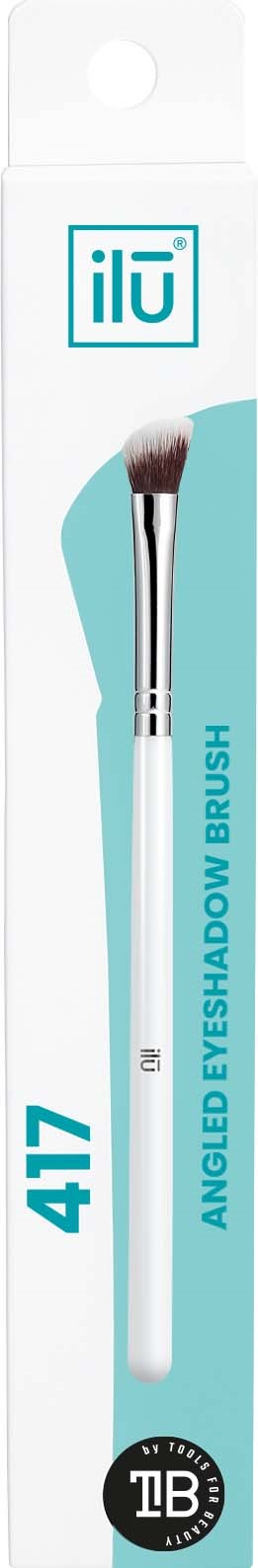 A boxed angled eyeshadow brush with a white handle, a small round brush head, and blue and black text.