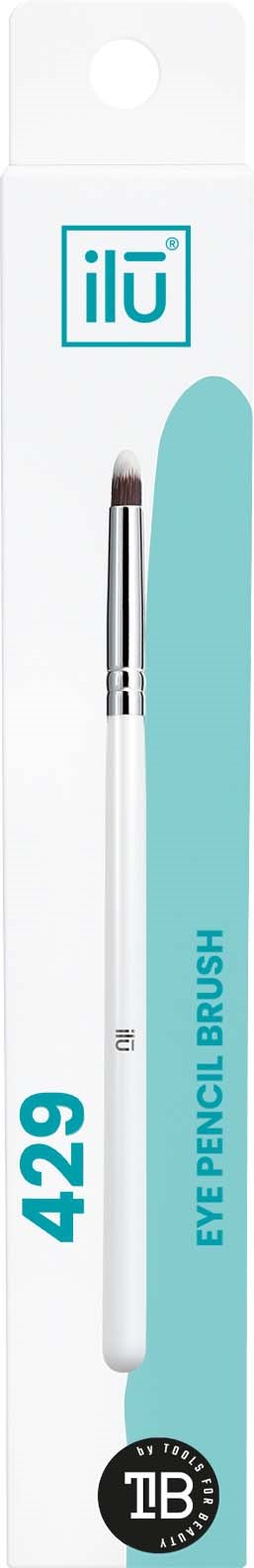 A white and blue eye pencil brush in packaging, labeled 429 and Ilú, with a rounded brush tip.