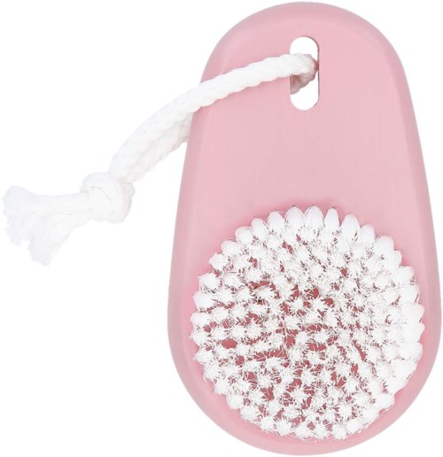 A pink cleaning brush with white bristles and a looped white string for hanging.