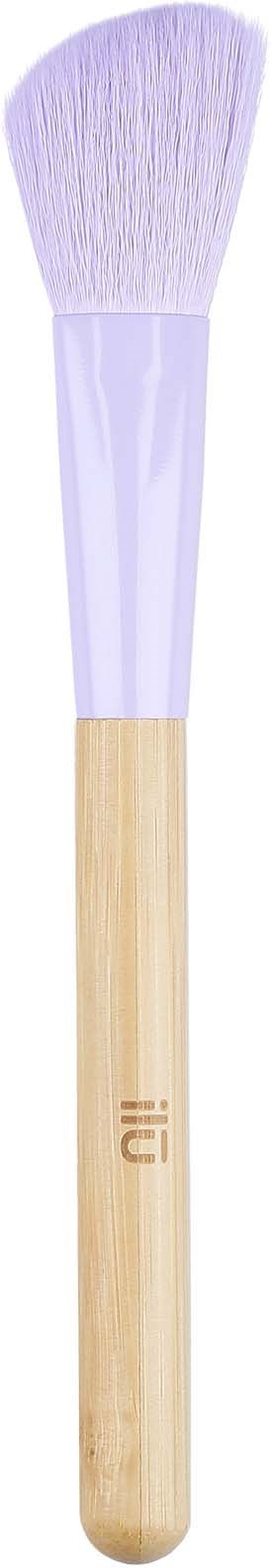 A makeup brush with a wood handle and white bristles with a light purple tint.