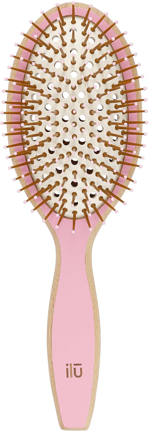 A pink hairbrush with a wooden handle and brown bristles, designed for styling hair.