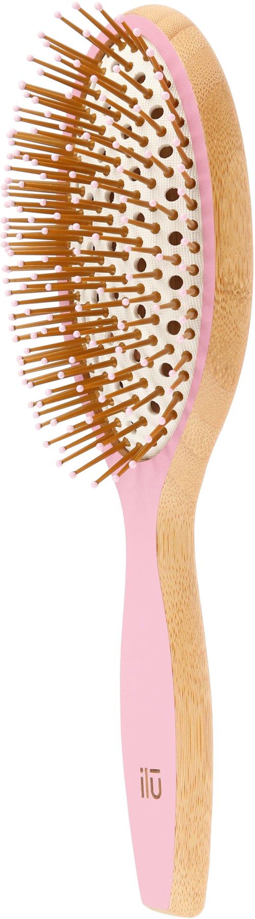A pink hairbrush with wooden bristles and a curved handle.