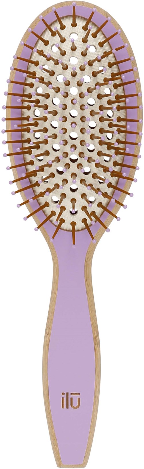 A hairbrush with a light purple handle and brown bristles, designed for detangling hair.