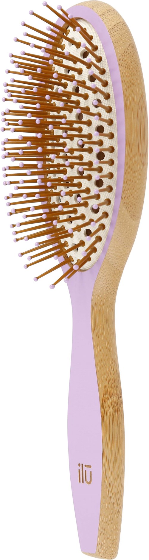A hairbrush with brown bristles and a pink and light wood handle.