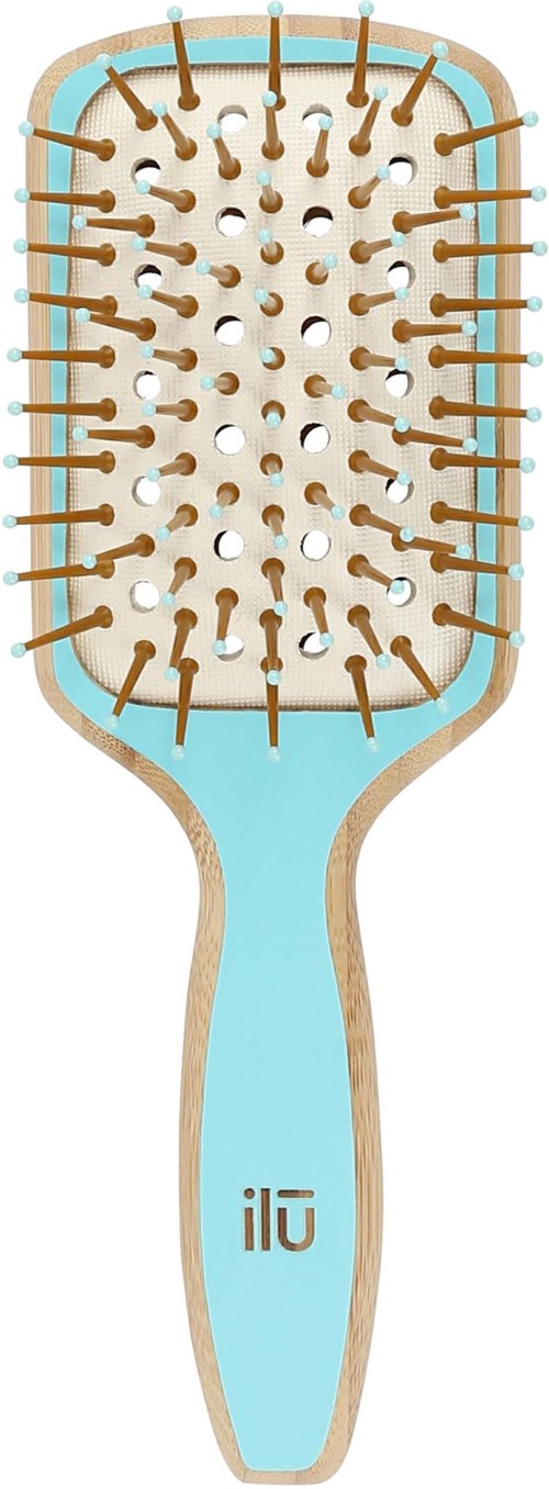 A hairbrush with air cushions and wooden pins inside the brush head.