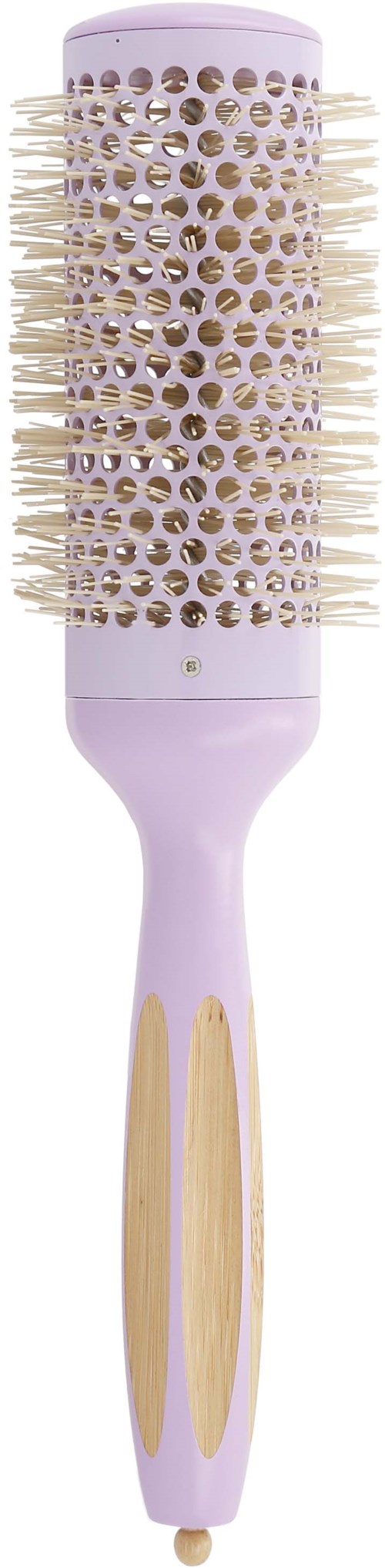 A pink and white hairbrush with round holes and bristles for styling hair.