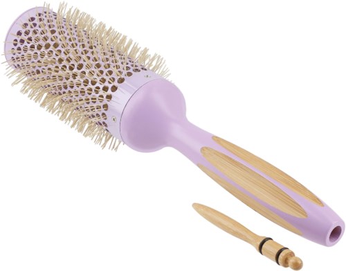 A purple round hairbrush with a wooden handle and a small wooden stick beside it.