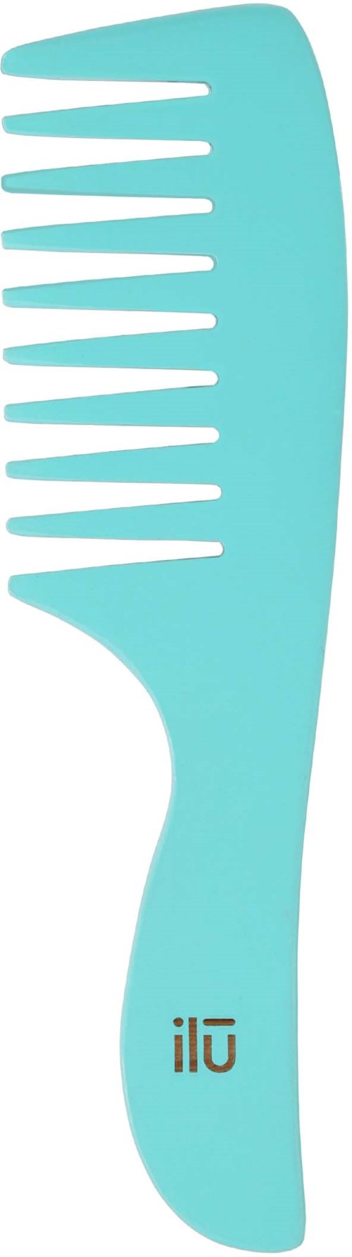 A light blue wide-tooth comb with a handle and a logo near the bottom.