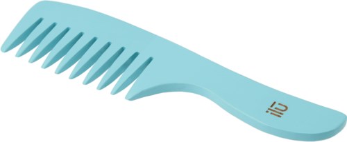 A light blue hair comb with wide teeth and a handle, featuring a small logo on the handle.