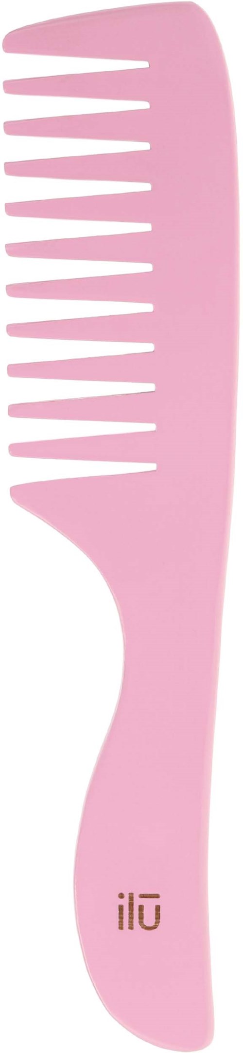 A pink hair comb with wide teeth and a curved handle. The brand logo is near the handle's bottom.