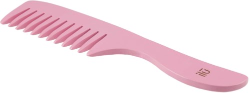A pink hair comb with wide teeth and a curved handle.
