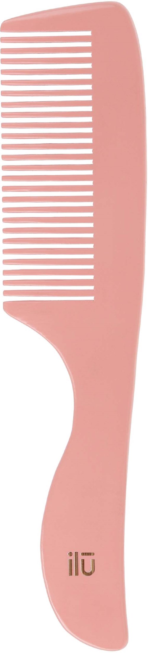 A pink wide-tooth comb with the brand name 'ilu' on the handle.