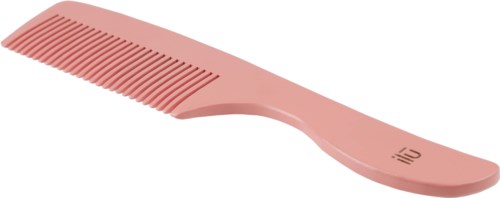 A pink comb with fine teeth and a short handle.