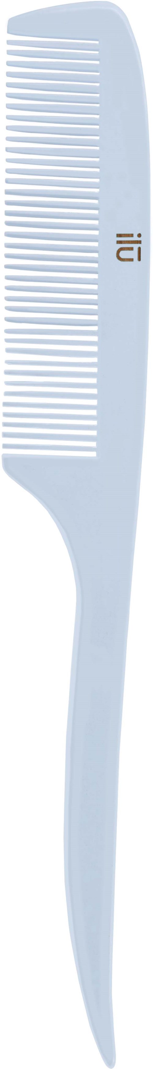 A white hair comb with fine teeth and a slim handle, labeled with a small logo.