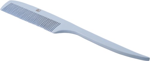 A white comb with fine teeth and a slightly curved handle.
