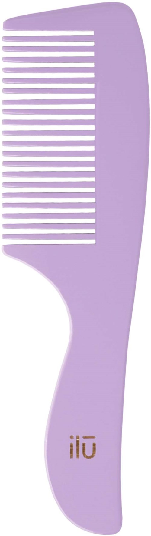 Purple styling comb with a handle, wide teeth, and a logo near the bottom.