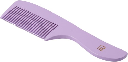 A light purple comb with wide teeth and a handle, label with gold text.