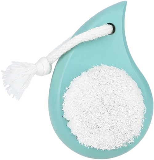 A blue teardrop-shaped laundry ball with a white rope attached and white cleaning granules inside.