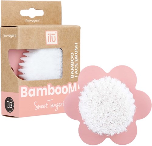 A bamboo face brush in pink packaging shaped like a flower, with the brush visible through a window. Text: 'BambooM', 'Sweet Tangeri'.