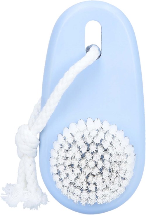A blue cleaning brush with a round scrubber and white handle for scrubbing surfaces.