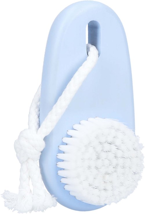 A blue toilet brush holder with a white brush and a round cleaning sponge.