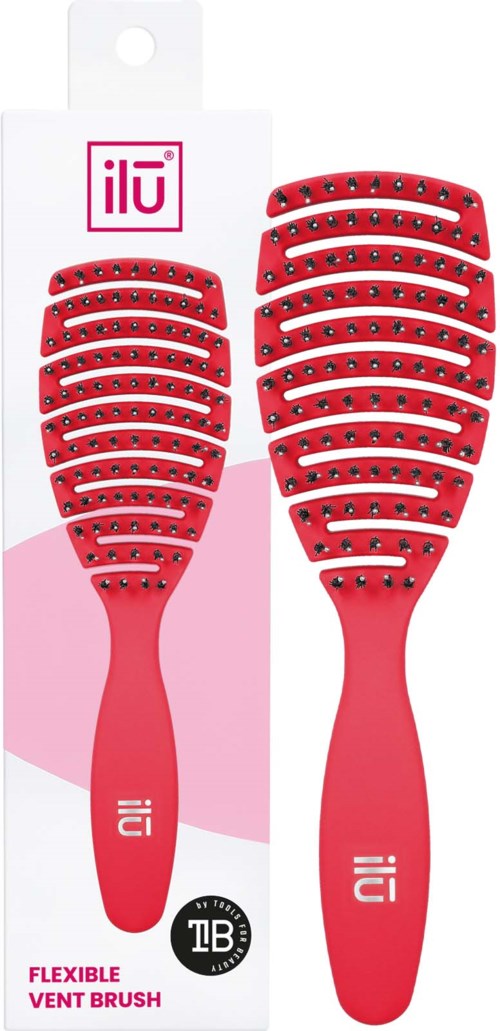 Two red hairbrushes with black bristles on a white and pink background. Brand name ilu is on the packaging.